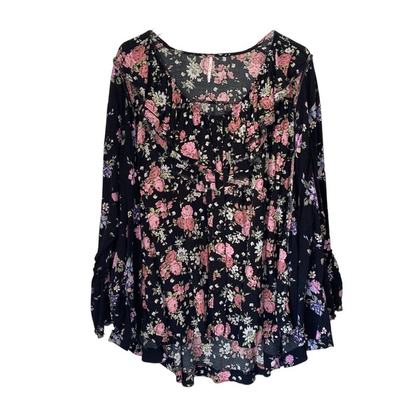 Free People Loretta Floral Print Tunic Shirt Women Size Small Ruffle Black Pink - Picture 3 of 9